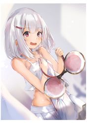 Rule 34 | 1girl, animal ears, bare shoulders, blush, breasts, camisole, collarbone, fake animal ears, granblue fantasy, hair ornament, hairband, hairclip, highres, looking at viewer, midriff, mouse ears, nohohon neko, open mouth, red eyes, short hair, silver hair, skirt, small breasts, solo, tears, unworn hairband, vikala (granblue fantasy), white camisole, white skirt