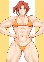 Rule 34 | 1girl, abs, absurdres, bikini, breasts, cameltoe, flexing, grin, hand on own hip, harurukan, highres, large breasts, looking at viewer, midriff, muscular, muscular female, original, ponytail, red eyes, red hair, short hair, simple background, smile, solo, stomach, swimsuit, thick thighs, thighs