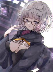 Rule 34 | 1girl, black dress, black jacket, blue eyes, breasts, cleavage, cropped jacket, dress, fate/grand order, fate (series), glasses, grey hair, highres, hood, hood down, hooded jacket, jacket, jacques de molay (foreigner) (fate), large breasts, long sleeves, looking at viewer, open clothes, open jacket, short hair, smile, touko 56