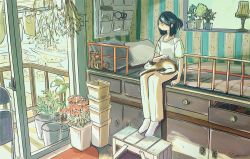 Rule 34 | 1girl, absurdres, animal, animal on lap, balcony, bed, black hair, cabinet, cat, cat on lap, engawa975, half updo, headpat, highres, indoors, looking outside, medium hair, on lap, original, plant, potted plant