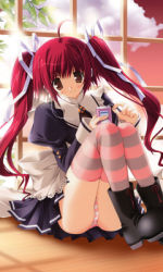 Rule 34 | boots, digital media player, dress, ikegami akane, ipod, long hair, lowres, non-web source, panties, pantyshot, red eyes, red hair, socks, solo, striped clothes, striped panties, striped socks, striped thighhighs, thighhighs, twintails, underwear