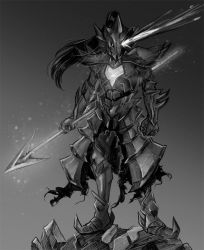 Rule 34 | 1girl, adapted costume, armor, clenched hand, dark souls (series), dark souls i, dragon slayer ornstein, full armor, full body, gauntlets, glowing, glowing eye, glowing eyes, grey background, greyscale, long hair, monochrome, noszle, polearm, ponytail, rock, shoulder pads, simple background, spear, standing, undertale, undyne, undyne the undying, weapon