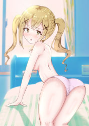 Rule 34 | 10s, 1girl, all fours, ass, back, backboob, bang dream!, blurry, blurry background, blush, breasts, brown eyes, brown hair, curtains, hair ornament, highres, ichigaya arisa, indoors, large breasts, light blush, long hair, looking at viewer, looking back, matching hair/eyes, nanao, nanao (naoekaki25), open mouth, panties, pink panties, shadow, solo, topless, twintails, underwear, x hair ornament