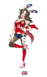 Rule 34 | 1girl, 2018 fifa world cup, :d, armband, black hair, black pantyhose, breasts, brown eyes, cleavage, costa rica, costa rican flag, covered navel, fishnets, full body, hand on own hip, high heels, long hair, looking at viewer, new balance, open mouth, pantyhose, simple background, smile, soccer, solo, white background, world cup, wrist cuffs, yu yanshu