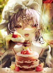 Rule 34 | 1girl, absurdres, cake, fangs, food, frilled shirt collar, frills, hat, highres, looking at viewer, mob cap, no wings, purple hair, red eyes, remilia scarlet, shirt, solo, sweets, toho sweet, touhou, upper body, vampire