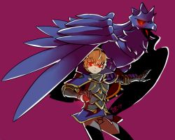 Rule 34 | 1boy, armor, baka mandy, bird, black sclera, blonde hair, cape, claws, colored sclera, corviknight, creatures (company), crossover, crow, european clothes, fire emblem, fire emblem fates, full body, game freak, gen 8 pokemon, gloves, hairband, leo (fire emblem), looking at viewer, male focus, nintendo, pokemon, pokemon (creature), pokemon swsh, red eyes, sharp claws, short hair, simple background, standing