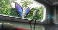 Rule 34 | 1boy, 1girl, arthropod girl, black shorts, blood, blue butterfly, blurry, blurry foreground, bug, butterfly, butterfly wings, commentary, extra arms, footprints, gradient hair, hand on glass, hand on own arm, hands against glass, highres, hirokima, indoors, insect, insect wings, long sleeves, multicolored hair, original, plant, shirt, shorts, standing, symbol-only commentary, tile floor, tiles, white shirt, window, wings