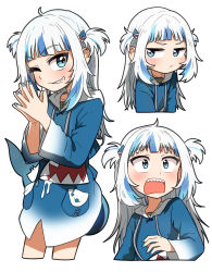 Rule 34 | 1girl, blue eyes, blue hoodie, blue nails, cropped legs, cropped torso, ddolbang, gawr gura, highres, hololive, hololive english, hood, hoodie, long hair, long sleeves, multiple views, nail polish, sharp teeth, simple background, smile, teeth, two side up, virtual youtuber, white background, white hair