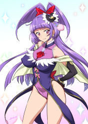 Rule 34 | 1girl, adapted costume, ahoge, alternate breast size, bare shoulders, black gloves, black hat, blunt bangs, blush, bow, bracelet, breasts, capelet, closed mouth, covered erect nipples, covered navel, cowboy shot, cure magical, earrings, elbow gloves, frills, from side, gem, glint, gloves, gradient background, groin, hair bow, halterneck, hands on own hips, hat, highleg, highleg leotard, impossible clothes, impossible leotard, izayoi liko, jewelry, joy ride, leotard, light smile, long hair, looking at viewer, magical girl, mahou girls precure!, medium breasts, mini hat, mini witch hat, off shoulder, pom pom (clothes), precure, purple eyes, purple hair, riko (mahou girls precure!), smile, solo, sparkle, standing, star (symbol), thighs, turtleneck, two side up, very long hair, witch hat