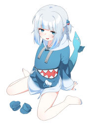 Rule 34 | 1girl, absurdres, arm support, barefoot, blue eyes, blue hair, blue hoodie, blue nails, blue socks, blunt bangs, blush, drawstring, feet, fingernails, fins, fish tail, flat chest, gawr gura, gawr gura (1st costume), grey hair, hair ornament, highres, hololive, hololive english, hood, hoodie, long hair, long sleeves, looking at viewer, multicolored hair, nail polish, no pants, open mouth, shark girl, shark hair ornament, shark print, shark tail, sidelocks, simple background, sitting, sleeves past wrists, smile, socks, solo, streaked hair, tail, tail raised, toenail polish, toenails, toes, two side up, ugaaaa1, unworn socks, virtual youtuber, wariza, white background, white hood, wide sleeves