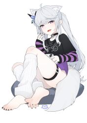 Rule 34 | 1girl, :3, absurdres, ahoge, animal ear fluff, animal ears, barefoot, black choker, black nails, black shirt, bug, butterfly, character request, choker, commentary, controller, copyright request, eyelashes, fang, feet, full body, game controller, grey hair, hand up, highres, holding, insect, knee up, lan mao akko, leg warmers, legs, long hair, long sleeves, looking at viewer, nail polish, no pants, open mouth, pillow, ponytail, purple eyes, shirt, sidelocks, simple background, sitting, skin fang, sleeves past wrists, smug, solo, spread toes, striped sleeves, symbol-only commentary, t-shirt, tail, toenail polish, toenails, toes, white background