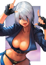 Rule 34 | 1girl, angel (kof), arm up, black gloves, black panties, blue eyes, breasts, cleavage, crop top, fingerless gloves, gloves, hair over one eye, hinoru saikusa, index finger raised, jacket, large pectorals, midriff, navel, panties, pectorals, revealing clothes, shaded face, shadow, short hair, smile, snk, solo, stomach, the king of fighters, thighs, tongue, tongue out, underwear, v, white hair