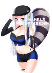Rule 34 | 1girl, arm warmers, artist name, bad id, bad pixiv id, bare shoulders, belt, black headwear, black panties, blue eyes, blue shirt, blue shorts, blush, breasts, cleavage, closed mouth, collarbone, commission, cowboy shot, crop top, groin, hand up, heart, highleg, highleg panties, highres, large breasts, long hair, looking at viewer, mamel 27, midriff, navel, original, panties, raccoon tail, shirt, short shorts, shorts, sidelocks, silver hair, simple background, sleeveless, sleeveless shirt, smile, solo, standing, star (symbol), stomach, tail, thigh strap, thighs, twitter username, underwear, white background