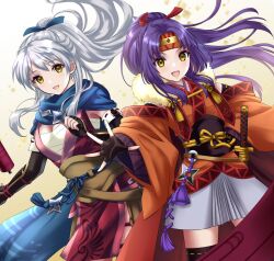 Rule 34 | 2girls, :d, bandages, black gloves, blue scarf, breasts, chest sarashi, commentary request, fingerless gloves, fire emblem, fire emblem: radiant dawn, fire emblem heroes, gloves, highres, japanese clothes, kakiko210, kimono, long hair, looking at viewer, medium breasts, micaiah (fire emblem), multiple girls, ninja, nintendo, official alternate costume, official alternate hairstyle, open mouth, ponytail, purple hair, sanaki kirsch altina, sarashi, scarf, shuriken, smile, weapon, white hair, yellow eyes