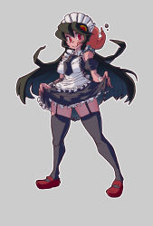 Rule 34 | 1girl, alternate costume, apron, black hair, clothes lift, filia (skullgirls), frilled apron, frilled skirt, frills, full body, garter straps, grey background, highres, licking lips, long hair, maid, maid headdress, necktie, neko mata g, red eyes, revision, samson (skullgirls), skirt, skirt lift, skullgirls, solo, thighhighs, tongue, tongue out
