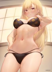Rule 34 | 1girl, armpits, artist name, bikini, black bikini, blonde hair, blush, breasts, closed mouth, commentary, ear piercing, earrings, english commentary, female focus, floral print, from below, highres, jewelry, kimoshi, kitagawa marin, large breasts, long hair, looking at viewer, mixed-language commentary, navel, piercing, red eyes, side-tie bikini bottom, solo, sono bisque doll wa koi wo suru, standing, swimsuit, thighs