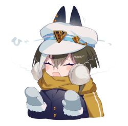 Rule 34 | 1girl, alternate costume, animal ears, blue coat, blush, blush stickers, brown hair, brown scarf, cheval grand (umamusume), closed eyes, coat, commentary request, ear covers, food, hair between eyes, hat, horse ears, horse girl, medium hair, mittens, multicolored hair, open mouth, renma (renma 0503), scard, scarf, simple background, solo, streaked hair, tracen winter coat, umamusume, white background, white hair, white hat, winter uniform