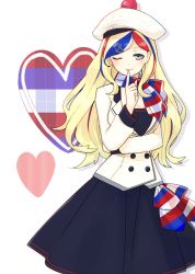 Rule 34 | 10s, 1girl, belt, beret, blonde hair, blue eyes, blue hair, blue skirt, buttons, commandant teste (kancolle), cowboy shot, double-breasted, french flag, hat, heart, kantai collection, long hair, long skirt, looking at viewer, mtseven, multicolored clothes, multicolored hair, multicolored scarf, one eye closed, pom pom (clothes), red hair, scarf, skirt, solo, standing, streaked hair, yamashichi (mtseven)