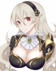 Rule 34 | 1girl, armor, bag, black armor, black hairband, breasts, cleavage, corrin (female) (fire emblem), corrin (fire emblem), cropped torso, detached collar, fire emblem, fire emblem fates, fire emblem heroes, floating hair, grin, hair between eyes, hairband, highres, karashino, long hair, looking at viewer, medium breasts, nintendo, official alternate costume, red eyes, silver hair, simple background, smile, solo, upper body, very long hair, white background