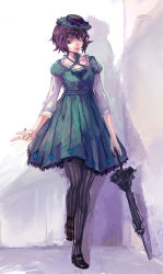 Rule 34 | 1girl, against wall, classic lolita, closed umbrella, come hither, dress, fashion, frills, full body, green dress, green skirt, hat, heart, holding, leg lift, lolita fashion, long sleeves, looking at viewer, mary janes, nail polish, original, pantyhose, puffy long sleeves, puffy sleeves, purple hair, shoes, short hair, skirt, solo, standing, striped clothes, striped pantyhose, umbrella, vertical-striped clothes, vertical-striped pantyhose, xiezhua (amyoy)