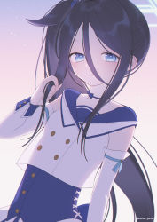Rule 34 | 1girl, absurdres, alternate hairstyle, aris (blue archive), black hair, blue archive, blue choker, blue eyes, blue sailor collar, choker, elbow sleeve, gradient background, halo, hand up, harlow garden, heart, heart-shaped pupils, highres, idol, light blush, light particles, long hair, looking at viewer, mischievous straight uniform (blue archive), official alternate costume, sailor collar, side ponytail, sleeveless, smile, solo, symbol-shaped pupils, twitter username, upper body, very long hair