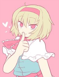 Rule 34 | 1girl, aaaa (aaaa480), alice margatroid, ascot, blonde hair, blue dress, capelet, closed mouth, cookie (touhou), dress, finger to mouth, frilled ascot, frills, hair between eyes, hairband, ichigo (cookie), looking at viewer, medium bangs, pink background, red ascot, red eyes, red hairband, red sash, sash, short hair, simple background, smile, solo, touhou, upper body, white capelet