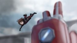 Rule 34 | 1girl, alternate costume, ant-man, ant-man (cosplay), antenna hair, blue sky, blurry, blurry background, bodysuit, brown eyes, brown hair, captain america: civil war, captain america (series), captain america civil war, closed mouth, cloud, cosplay, crossover, day, female focus, flying, full body, hand up, hidaka ai, idolmaster, marvel, marvel cinematic universe, matching hair/eyes, mini person, minigirl, outdoors, outstretched arm, parody, pov, short hair, sky, solo focus, taku1122