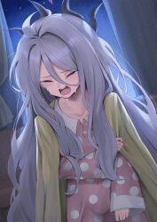 Rule 34 | 1girl, absurdres, blue archive, closed eyes, collarbone, covered navel, crying, demon horns, grey hair, highres, hina (blue archive), hina (pajamas) (blue archive), horns, indoors, karadborg, long hair, night, night sky, open mouth, open window, pajamas, pink pajamas, polka dot, polka dot pajamas, shawl, sky, solo, star (sky), starry sky, very long hair, wavy hair, window