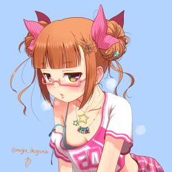 Rule 34 | 10s, 1girl, alternate hairstyle, artist name, blue background, blunt bangs, blush, breast slip, breasts, brown hair, camisole, clothes writing, collarbone, crop top, double bun, downblouse, from side, glasses, green eyes, hair bun, hair ornament, hair ribbon, hair up, hairclip, half-closed eyes, idolmaster, idolmaster cinderella girls, ikebukuro akiha, jewelry, looking at viewer, m-shiganai, midriff, multicolored eyes, necklace, nipples, off shoulder, parted lips, pendant, pink-framed eyewear, plaid, rectangular eyewear, red eyes, ribbon, semi-rimless eyewear, shirt, short hair, short sleeves, sidelocks, simple background, small breasts, solo, star (symbol), star hair ornament, strap slip, striped, twitter username, under-rim eyewear, x hair ornament