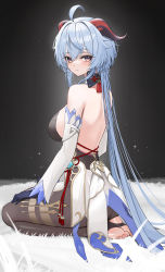 Rule 34 | 1girl, ahoge, back, bare back, bare shoulders, black gloves, blue hair, bodystocking, bodysuit, bodysuit under clothes, breasts, brown bodysuit, brown pantyhose, closed mouth, commentary request, detached sleeves, expressionless, feet, from side, full body, ganyu (genshin impact), genshin impact, gloves, goat horns, gold trim, gradient eyes, grass, highres, horns, large breasts, long hair, long sleeves, looking at viewer, looking back, low ponytail, multicolored eyes, pantyhose, pelvic curtain, ponytail, purple eyes, rikui (rella2930), seiza, sidelocks, sitting, soles, solo, stirrup legwear, tassel, toeless legwear, toes, two-tone background, very long hair, vision (genshin impact), white sleeves