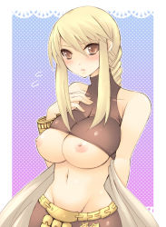Rule 34 | 1girl, agrias oaks, blonde hair, blush, braid, breast slip, breasts, brown eyes, dancer (fft), final fantasy, final fantasy tactics, groin, huge breasts, impossible clothes, impossible shirt, long hair, midriff, navel, nipples, pocopoco, shirt, solo, square enix, tank top