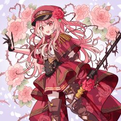 Rule 34 | 1girl, :d, black gloves, boots, capelet, epaulettes, feet out of frame, floral background, floral print, flower, gloves, hair flower, hair ornament, hat, highres, long hair, looking at viewer, meremero, military lolita, nijisanji, nijisanji en, official alternate costume, open mouth, peaked cap, pink flower, pink hair, pink rose, red capelet, red eyes, red flower, red hat, red rose, red skirt, rose, rosemi lovelock, rosemi lovelock (2nd costume), shirt, skirt, smile, solo, standing, thigh boots, thorns, very long hair, virtual youtuber, white shirt