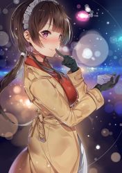 Rule 34 | 1girl, bad id, bad pixiv id, black gloves, blunt bangs, blurry, blush, bokeh, breasts, brown hair, coat, collared shirt, depth of field, earrings, finger to mouth, from side, gloves, hair tie, hand up, headdress, highres, holding, jewelry, large breasts, lens flare, long hair, looking at viewer, looking to the side, low ponytail, maid headdress, original, ponytail, purple eyes, red shirt, shirt, smile, solo, yuran