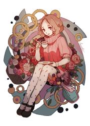 Rule 34 | 10s, 1girl, brown eyes, brown hair, commentary request, cup, floral print, flower, lemontea, mary janes, okumura haru, pantyhose, persona, persona 5, plaid, plaid skirt, print pantyhose, ribbed sweater, saucer, shoes, short hair, signature, skirt, smile, solo, sweater, teacup, vase, white pantyhose