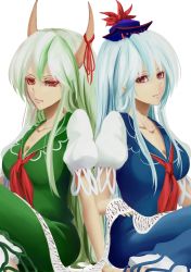 Rule 34 | 1girl, bad id, bad pixiv id, blue dress, blue hair, breasts, cleavage, dress, dual persona, ex-keine, expressionless, eyelashes, green dress, green hair, hat, highres, horn ornament, horn ribbon, horns, kamishirasawa keine, lips, looking at viewer, puffy short sleeves, puffy sleeves, red eyes, ribbon, scroll, short sleeves, simple background, sitting, touhou, white background, xianjian lingluan