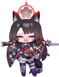 Rule 34 | 1girl, absurdres, animal ear fluff, animal ears, bayonet, black footwear, black gloves, black hair, black sailor collar, black shirt, blue archive, blush, chibi, closed eyes, crying, facing viewer, fangs, fingerless gloves, fishnet thighhighs, fishnets, floral print, full body, gloves, gun, halo, highres, long hair, long sleeves, multicolored hair, nose blush, open mouth, panatisia, pleated skirt, red hair, rifle, sailor collar, shirt, shoes, simple background, skirt, solo, standing, tears, thighhighs, two-tone hair, very long hair, wakamo (blue archive), wavy mouth, weapon, weapon across shoulders, weapon request, white background, white skirt, wide sleeves
