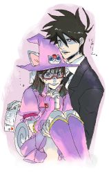 Rule 34 | 1boy, 1girl, akutabe, animal ears, antenna hair, blood, boots, brown hair, carrying, cat ears, contract, cosplay, couple, formal, gem, glasses, hat, looking at viewer, magical girl, nchbt, no eyebrows, pink footwear, pink hat, princess carry, red eyes, sakuma rinko, skirt, suit, sweat, tail, witch hat, yondemasu yo azazel-san.