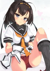 Rule 34 | 1girl, ahoge, akizuki (kancolle), beritabo, black hair, black headband, black sailor collar, blush, bow, bow panties, breasts, closed mouth, clothes lift, clothes writing, commentary request, covered collarbone, feet out of frame, gloves, grey background, grey eyes, headband, highres, kantai collection, knee up, kneehighs, lifted by self, long hair, looking at viewer, medium breasts, panties, pleated skirt, red panties, sailor collar, shirt, sitting, skirt, skirt lift, socks, solo, underwear, white gloves, white shirt, white skirt, white socks