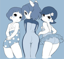 Rule 34 | 10s, 3girls, :/, :o, arms behind back, ass, back, blue theme, blunt bangs, blush, bodysuit, bow, bright pupils, casual one-piece swimsuit, child, cowboy shot, cropped legs, diving suit, flat ass, flat chest, flipped hair, flower, from behind, hair bow, hair flower, hair ornament, hayashi satoko, high ponytail, holding own arm, kodama fumika, layered skirt, long hair, looking at viewer, looking back, monochrome, multiple girls, om (nk2007), one-piece swimsuit, open mouth, own hands together, polka dot, polka dot swimsuit, profile, short hair, simple background, skirt, suzuki chiyo, swept bangs, swimsuit, thigh gap, twisted neck, wetsuit, youkai watch