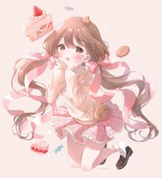 Rule 34 | 1girl, bag, black footwear, blush, bow, brown background, brown bag, brown eyes, brown hair, cake, cake slice, candy, candy wrapper, cookie, food, frilled skirt, frills, fruit, hair between eyes, handbag, hands on own cheeks, hands on own face, heart, highres, icing, long hair, m ydayo, open mouth, original, pastry, pink bow, pink ribbon, pink skirt, plaid, plaid skirt, ribbon, signature, simple background, skirt, sleeves past wrists, socks, solo, strawberry, strawberry shortcake, teeth, tongue, twintails, upper teeth only, very long hair, white socks