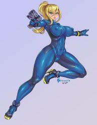 Rule 34 | 1girl, absurdres, artist name, ass, blonde hair, blue bodysuit, blue eyes, blush, bodysuit, breasts, cameltoe, closed mouth, covered erect nipples, fighting stance, gloves, gun, high ponytail, highres, hiraki16, impossible clothes, large breasts, lips, long hair, looking at viewer, metroid, mole, mole under mouth, nintendo, ponytail, samus aran, simple background, skin tight, solo, super smash bros., weapon, zero suit