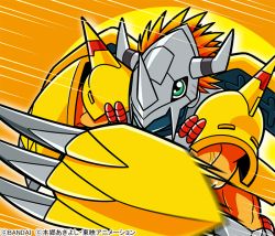 Rule 34 | 1boy, armor, bandai, biceps, claws, copyright name, digimon, digimon (creature), emphasis lines, full armor, green eyes, horns, looking to the side, mechanical wings, medium hair, muscular, official art, orange background, size difference, wargreymon, weapon, wings