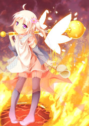 Rule 34 | blush, club (weapon), conch, fire, halo, pink hair, purple eyes, see-through, sekine irie, smile, staff, thighhighs, weapon, wings