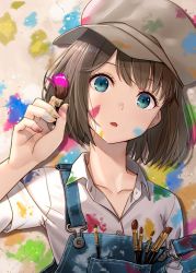Rule 34 | 1girl, blue eyes, blush, brown hair, brown hat, collarbone, collared shirt, hat, highres, holding, holding paintbrush, hyuuga azuri, looking at viewer, original, overalls, paint, paint splatter, paintbrush, parted lips, shirt, short hair, short sleeves, solo, upper body, white shirt