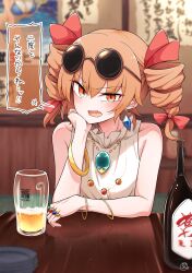 Rule 34 | 1girl, alcohol, anger vein, bangle, bare shoulders, beer, beer mug, blurry, blurry background, blush, bracelet, bromide, commentary request, commission, cup, depth of field, drill hair, eyewear on head, fang, hand on own cheek, hand on own face, highres, jewelry, komeiji satori, looking at viewer, mug, multiple rings, open mouth, orange hair, poster (object), restaurant, ring, scavia10, skeb commission, sleeveless, spoken anger vein, sunglasses, touhou, translation request, twintails, yorigami jo&#039;on