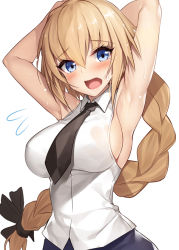 Rule 34 | 1girl, arm behind head, armpits, arms up, black necktie, blonde hair, blue eyes, blush, braid, breasts, commentary request, fate/apocrypha, fate (series), flying sweatdrops, hair between eyes, hair ribbon, impossible clothes, impossible shirt, jeanne d&#039;arc (fate), jeanne d&#039;arc (girl from orleans) (fate), jeanne d&#039;arc (ruler) (fate), large breasts, long braid, long hair, looking at viewer, necktie, no bra, open mouth, ribbon, see-through, shirt, single braid, sleeveless, sleeveless shirt, solo, tongue, upper body, very long hair, wet, wet clothes, wet shirt, white shirt, xe (execut3r)
