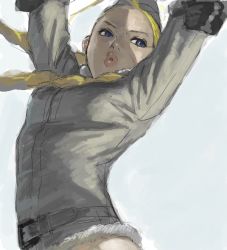 Rule 34 | 1girl, alternate costume, arms up, blonde hair, blue eyes, braid, cammy white, garrison cap, hat, jacket, lips, long hair, mana30row, nose, puckered lips, scar, simple background, solo, street fighter, street fighter iv (series), twin braids, winter clothes