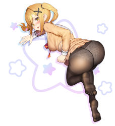 Rule 34 | 1girl, all fours, arm support, ass, bang dream!, blonde hair, blush, breasts, brown dress, brown pantyhose, clothes lift, commentary, commission, crotch seam, dress, dress lift, drop shadow, feet up, fingernails, from above, from behind, full body, hair ornament, hair tie, hanasakigawa school uniform, hand up, highres, ichigaya arisa, lace, lace panties, lifting own clothes, long hair, long sleeves, looking at viewer, looking back, medium breasts, migu (iws2525), neck ribbon, no shoes, nose blush, panties, panties under pantyhose, pantyhose, parted lips, pleated dress, raised eyebrows, red ribbon, ribbon, sailor collar, sailor dress, school uniform, soles, solo, star (symbol), starry background, thighband pantyhose, toes, twintails, underwear, white background, white panties, white sailor collar, x hair ornament, yellow eyes