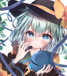 Rule 34 | 1girl, absurdres, bad id, bad pixiv id, black hat, blue eyes, blush, bow, bunny (menta1ko), commentary request, crying, frilled sleeves, frills, green hair, green nails, hand up, hat, hat bow, heart, heart-shaped pupils, heart of string, highres, komeiji koishi, leaf, long sleeves, looking at viewer, nail polish, shirt, short hair, solo, sparkle, surreal, symbol-shaped pupils, third eye, touhou, upper body, watery eyes, white background, yellow bow, yellow shirt