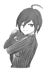 Rule 34 | 1boy, ahoge, cropped torso, danganronpa (series), danganronpa v3: killing harmony, from side, greyscale, hair between eyes, hugging doll, hugging object, jacket, long sleeves, looking at viewer, male focus, monochrome, pout, saihara shuichi, short hair, sizeaton, smile, solo, striped clothes, striped jacket, stuffed orca